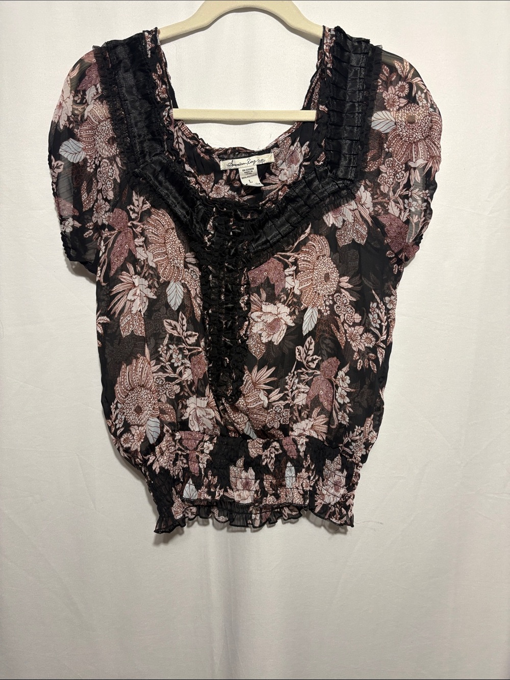 American Rag Black Blouse with Dusty Rose Floral Accents